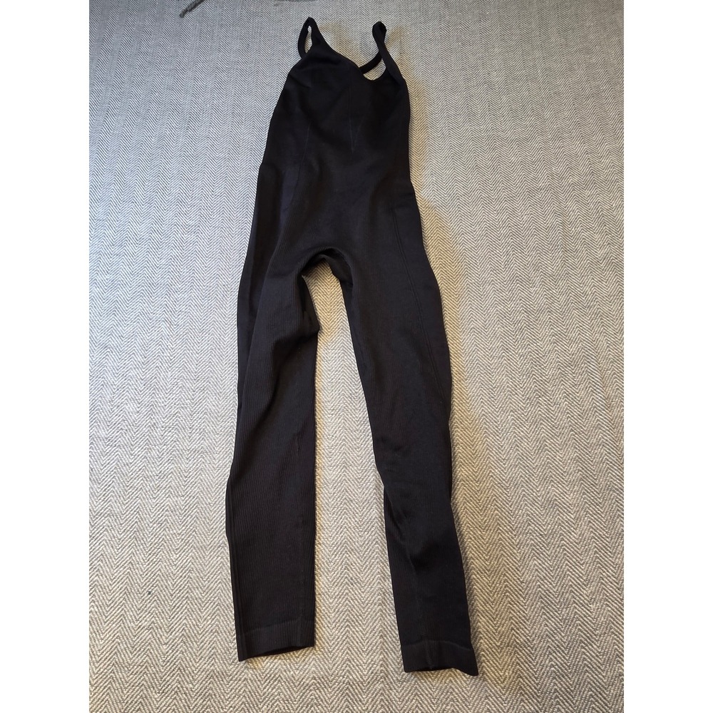 Women's Good Karma Jumpsuit Black Ribbed Seamless Adjustable Straps Open Back